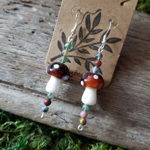 Load image into Gallery viewer, Moss Agate &amp; Glass Mushroom Earrings
