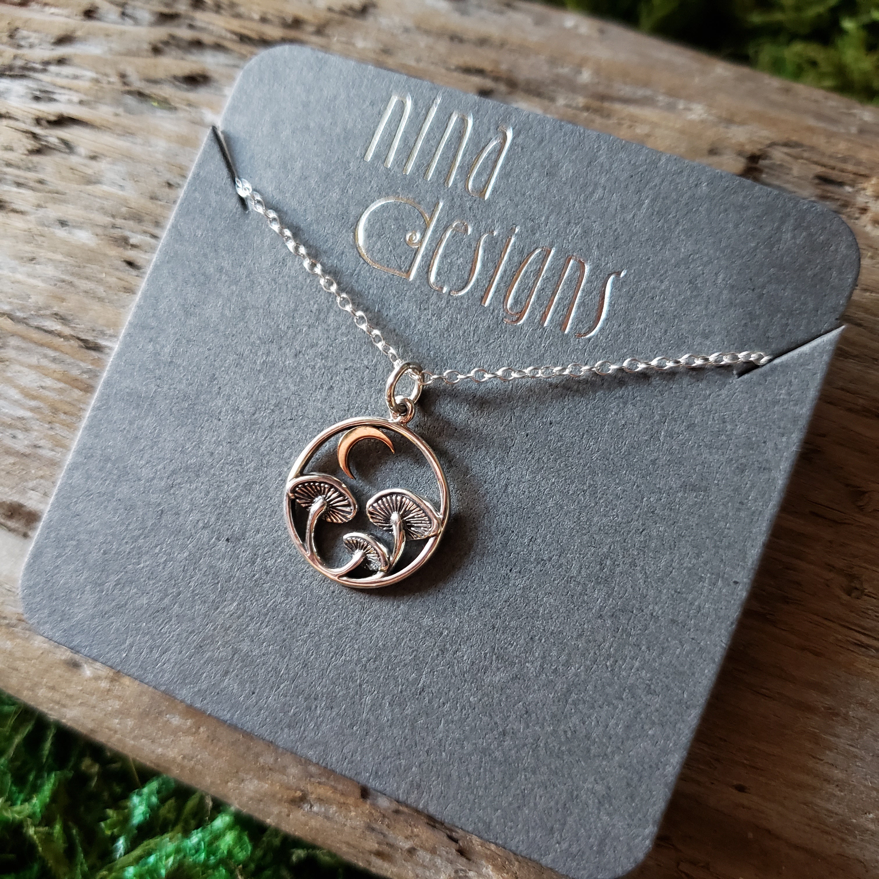Sterling Silver Mushroom and Moon Necklace