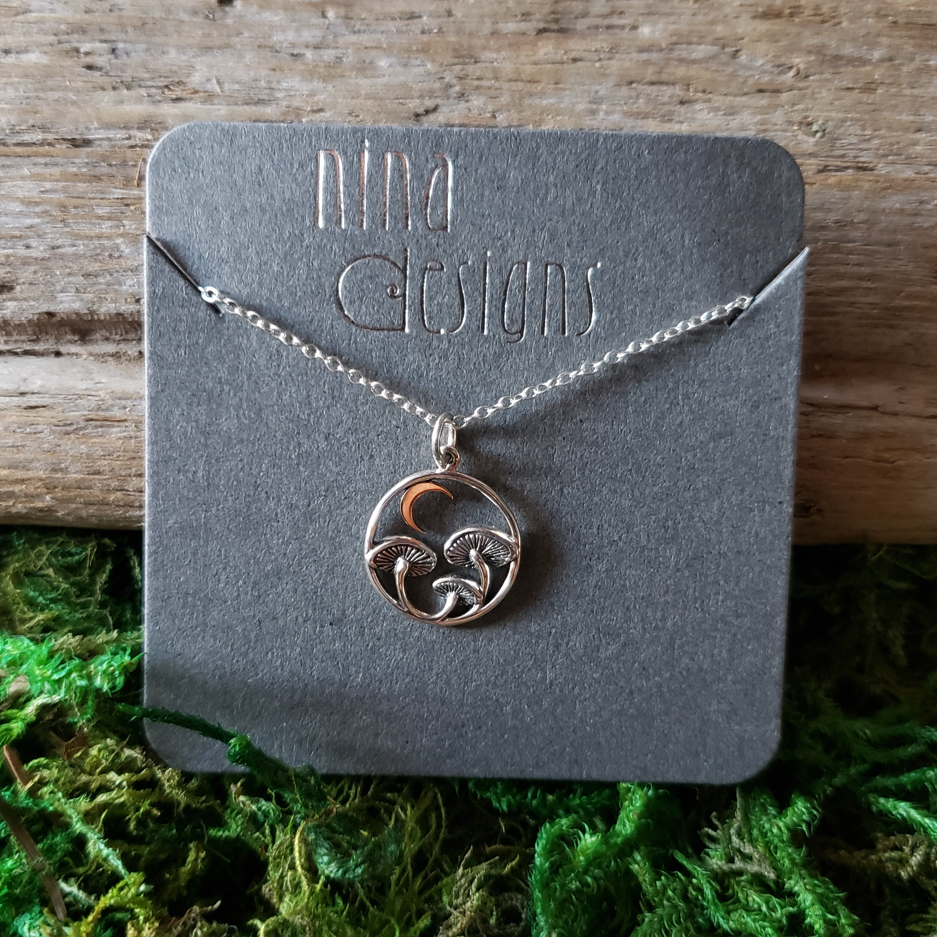 Sterling Silver Mushroom and Moon Necklace