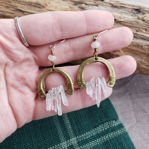 Handmade Brass & Quartz Horseshoe Earrings