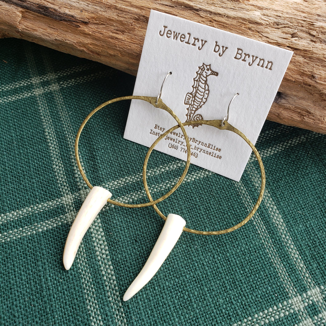 Handmade Brass & Antler Tip Hoop Earrings