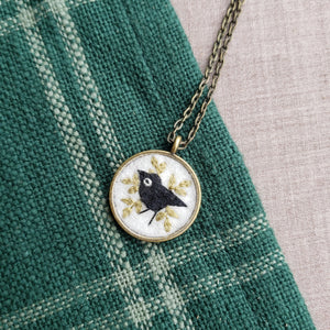 Tiny Embroidered Crow Necklace