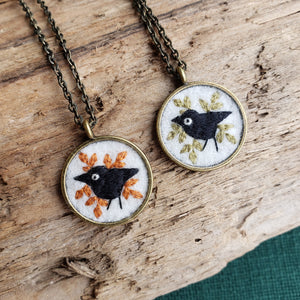 Tiny Embroidered Crow Necklace