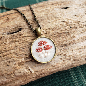 Tiny Embroidered Amanita Mushroom Necklace