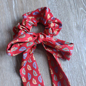 Upcycled Long Ribbon Scrunchie (Red Leaf Print)