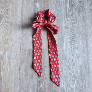 Upcycled Long Ribbon Scrunchie (Red Leaf Print)