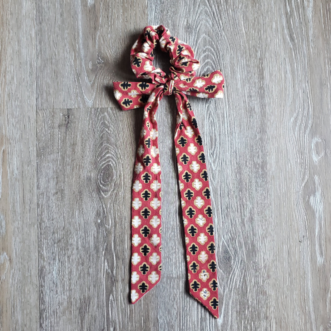 Upcycled Long Ribbon Scrunchie (Red and Black Print)