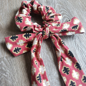 Upcycled Long Ribbon Scrunchie (Red and Black Print)