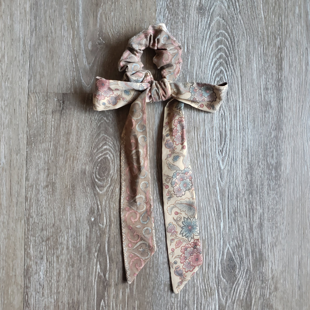 Upcycled Long Ribbon Scrunchie (Tan Floral Print)