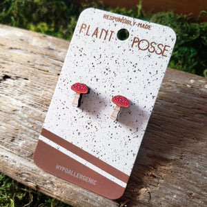 Amanita Mushroom Wooden Stud Earrings