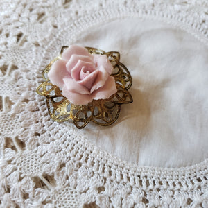 Vintage Brass and Clay Rose Brooch