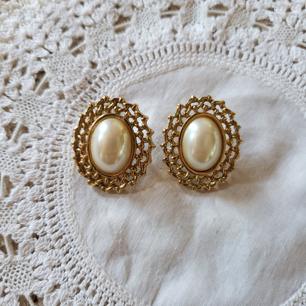Vintage Brass & Faux Pearl Earrings