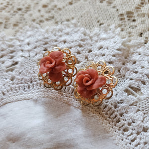 Vintage Brass & Clay Rose Earrings