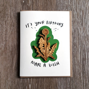 "Birthday Wish" Dandelion Wooden Magnet + Greeting Card