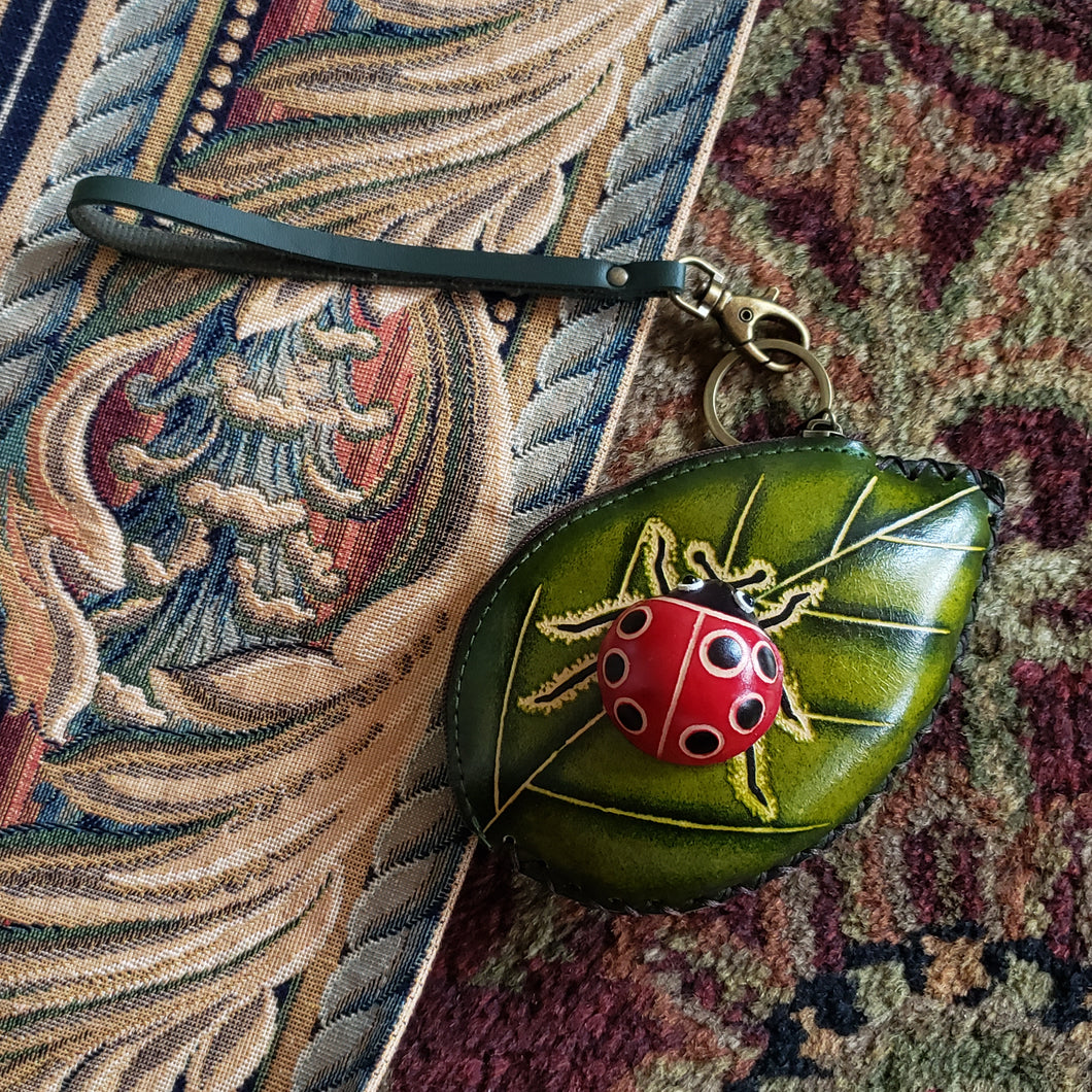 Genuine Leather Leaf and Ladybug Pouch