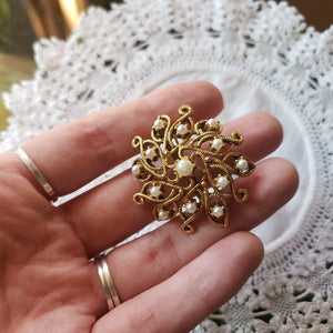 Vintage Pearl Flower Filigree Brooch