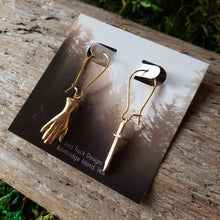 Load image into Gallery viewer, Brass Hand and Dagger Dangle Earrings
