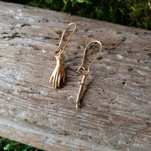 Load image into Gallery viewer, Brass Hand and Dagger Dangle Earrings
