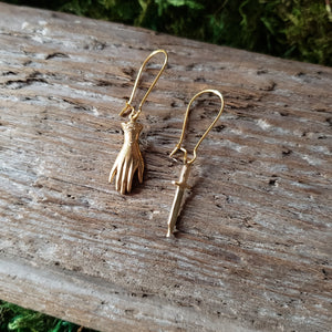 Brass Hand and Dagger Dangle Earrings