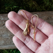 Load image into Gallery viewer, Brass Hand and Dagger Dangle Earrings
