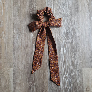 Upcycled Long Ribbon Scrunchie (Brown Floral Print)