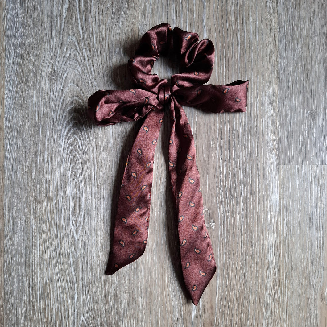 Upcycled Long Ribbon Scrunchie (Brown Satin Paisley)