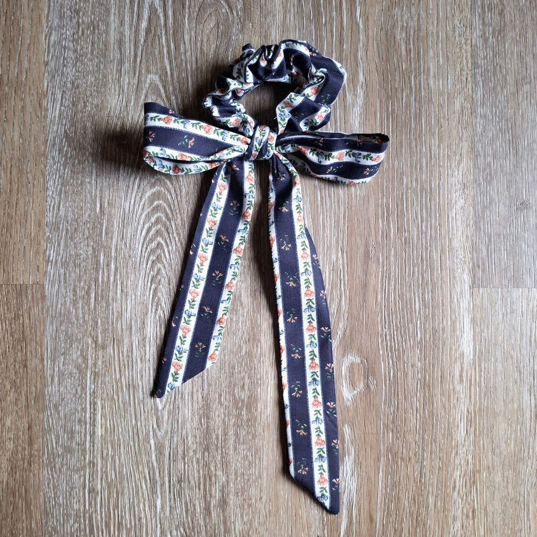 Upcycled Long Ribbon Scrunchie (Navy Stripe Floral)