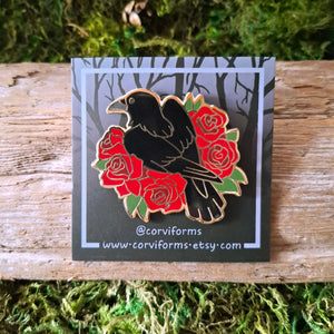 Crow and Roses Enamel Pin