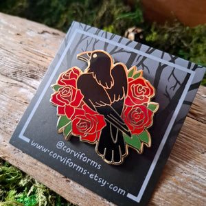 Crow and Roses Enamel Pin