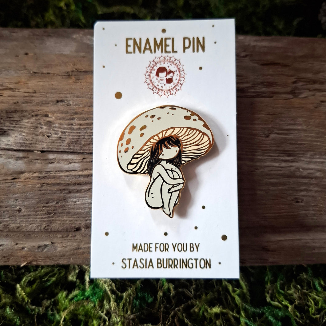 White Amanita Mushroom Girl Enamel Pin