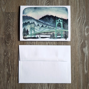 Snowy St Johns Bridge Greeting Card