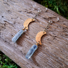 Load image into Gallery viewer, Handmade Brass and Kyanite Moon Earrings
