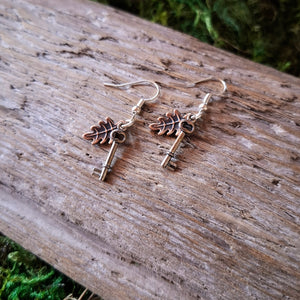 Tiny Leaf & Key Earrings