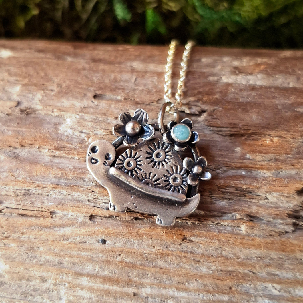 Floral Turtle Sterling Silver Pendant