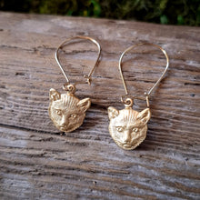 Load image into Gallery viewer, Brass Cat Face Dangle Earrings
