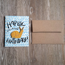 Load image into Gallery viewer, &quot;Happy (Belated) Birthday&quot; Snail Wooden Magnet + Greeting Card

