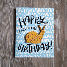 Load image into Gallery viewer, &quot;Happy (Belated) Birthday&quot; Snail Wooden Magnet + Greeting Card
