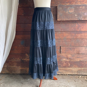 70s Vintage Black Polyester Tiered Maxi Skirt