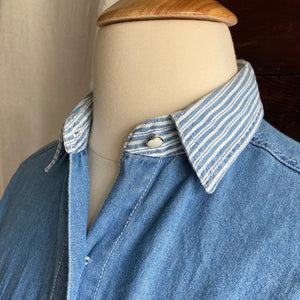 90s Vintage Denim Shirt with Striped Collar