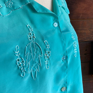 80s Vintage Poly Aqua Embroidered Blouse