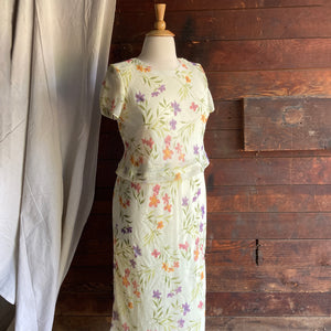 90s Vintage Layered Yellow Floral Chiffon Dress
