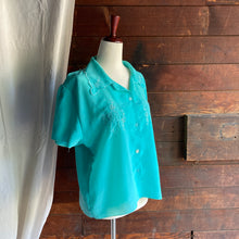 Load image into Gallery viewer, 80s Vintage Poly Aqua Embroidered Blouse
