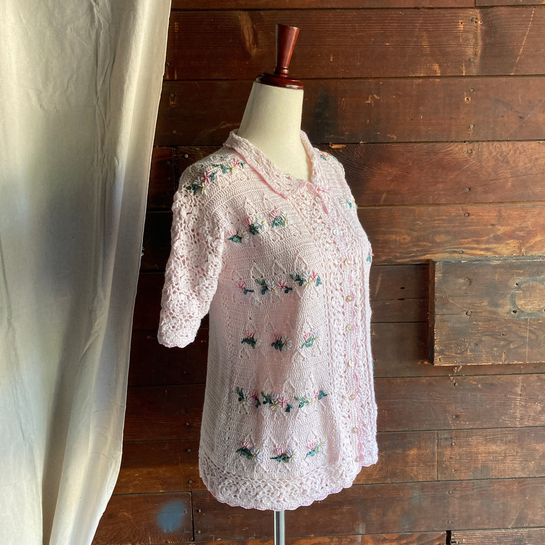 Vintage Embroidered Pink Cotton Cardigan