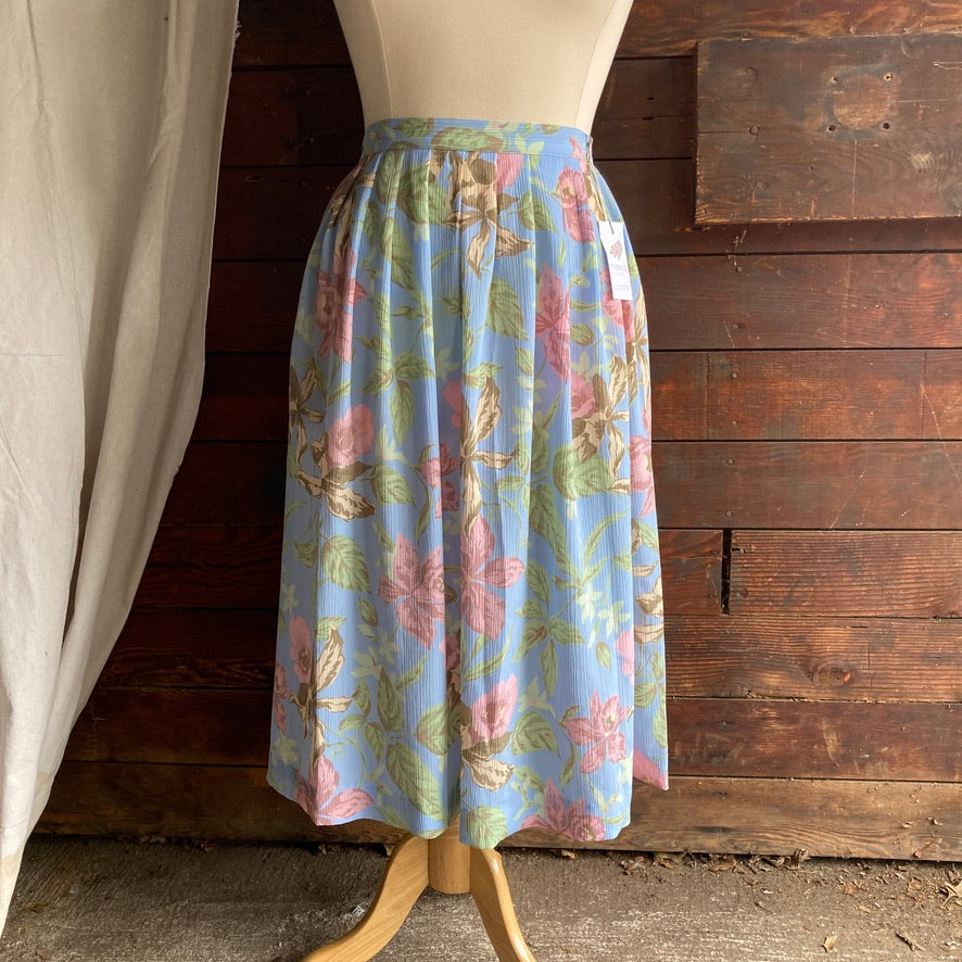 90s Vintage Blue Floral Polyester Midi Skirt