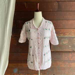Vintage Embroidered Pink Cotton Cardigan
