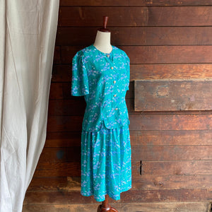 90s Vintage Blue-Green Floral Top & Skirt Set