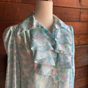 Vintage Aqua and Pink Ruffled Button Up Blouse
