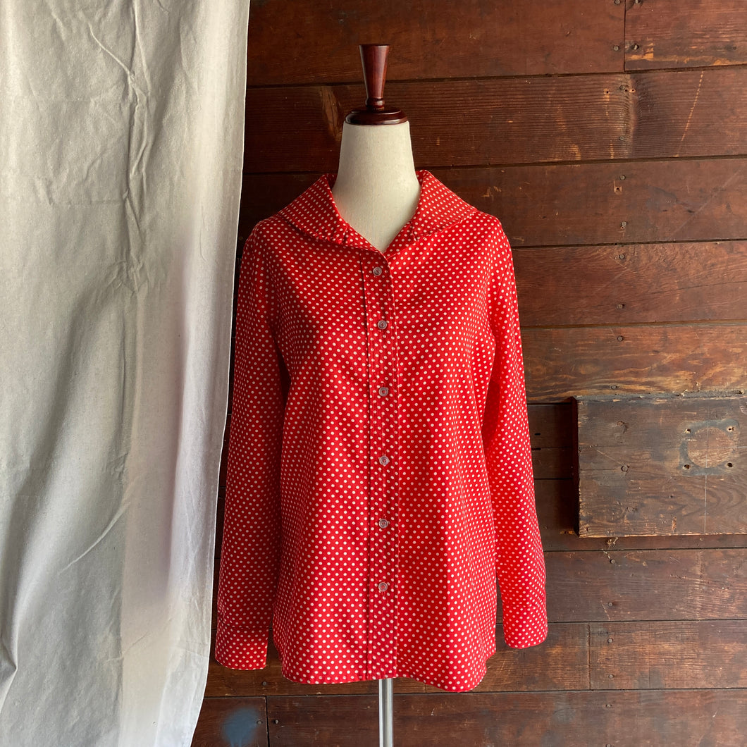 70s Vintage Red Polka Dot Button-Up Blouse