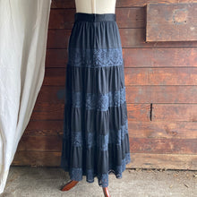 Load image into Gallery viewer, 70s Vintage Black Polyester Tiered Maxi Skirt
