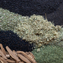 Load image into Gallery viewer, Spices including black pepper, green herbs, and dried roots on a woven surface
